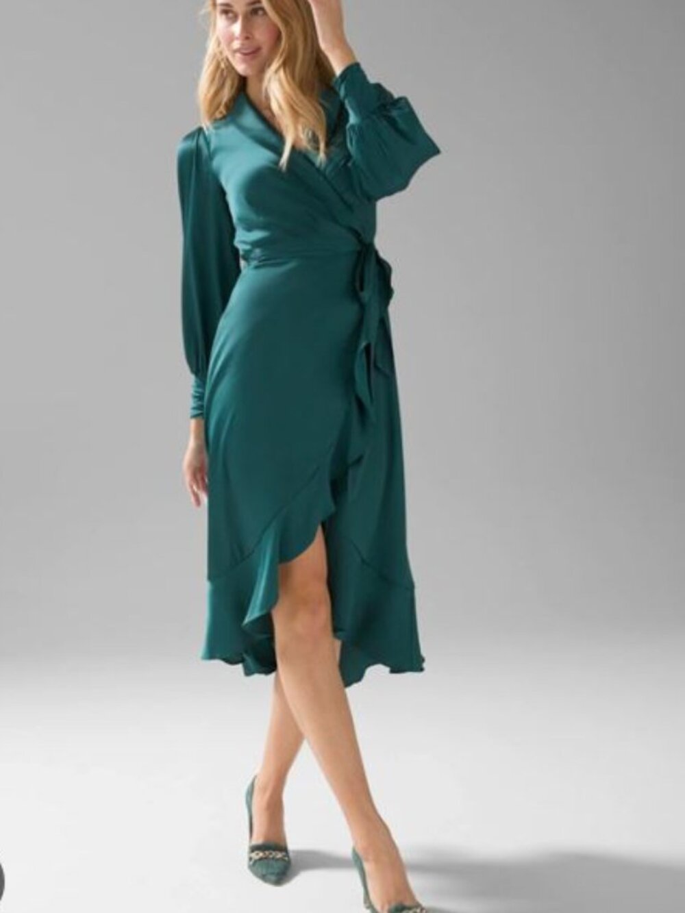 White House Black Market Satin Ruffle Wrap Dress  Deep Mineral Green Sz 6 NWT